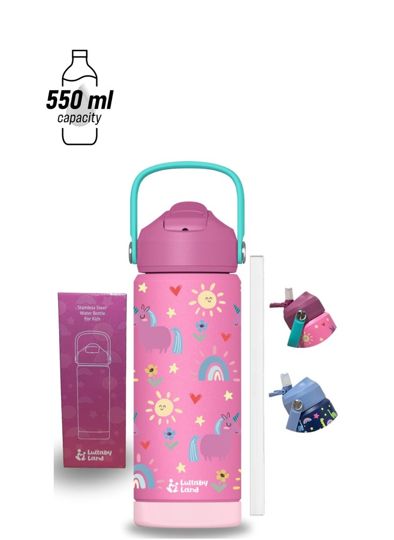 Lullaby Land 550ml Stainless Steel Water Bottle for Kids, Stay Hydrated with Kids Water Bottle for School, No Leak Bpa Free Unicorn Pink Water Bottle for Girls, Insulated Water Bottle Kids with Straw  - Image 1