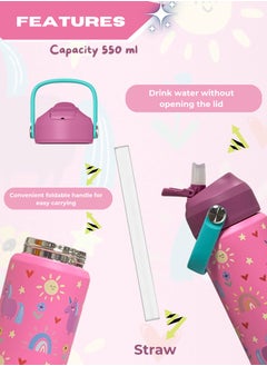 Lullaby Land 550ml Stainless Steel Water Bottle for Kids, Stay Hydrated with Kids Water Bottle for School, No Leak Bpa Free Unicorn Pink Water Bottle for Girls, Insulated Water Bottle Kids with Straw  - Image 2