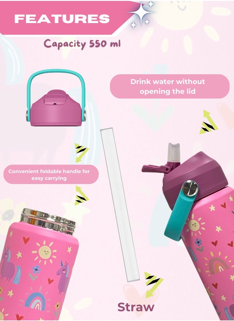 Lullaby Land - 550ml Stainless Steel Water Bottle for Kids, Stay Hydrated with Kids Water Bottle for School, No Leak Bpa Free Unicorn Pink Water Bottle for Girls, Insulated Water Bottle Kids with Straw - Image 1