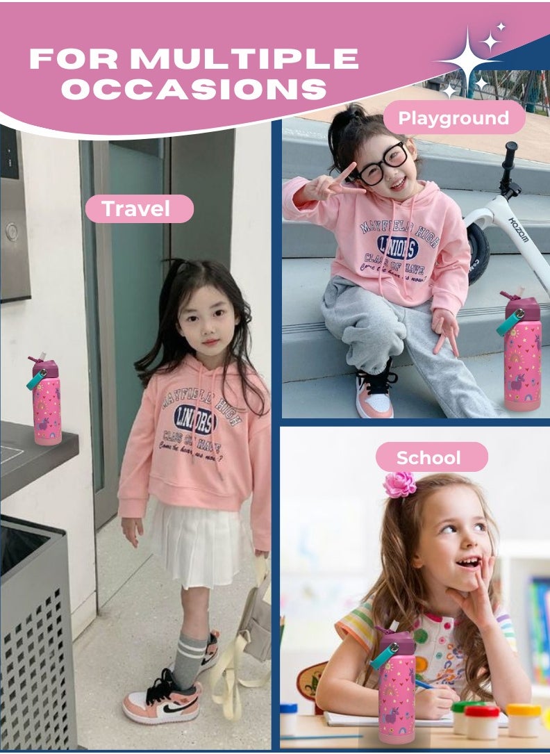 Lullaby Land - 550ml Stainless Steel Water Bottle for Kids, Stay Hydrated with Kids Water Bottle for School, No Leak Bpa Free Unicorn Pink Water Bottle for Girls, Insulated Water Bottle Kids with Straw - Image 1