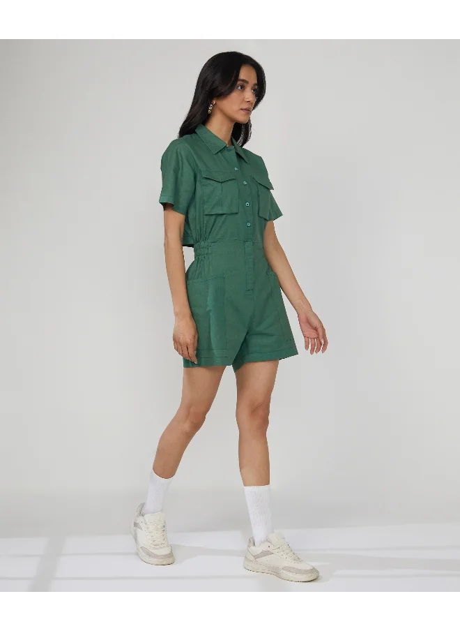 QISSA Women's Forest Green Solid Utility Playsuit