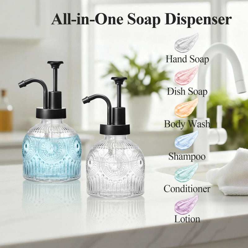 SheeChung Vintage Soap Dispenser, Kitchen Dish Soap Dispensers with Pump Mat, Glass Hand Soap Dispenser for Bathroom, Liquid, Lotion, Refillable, Rustic Farmhouse Decor-Clear (Black Pump, 1 pk) - Image 4