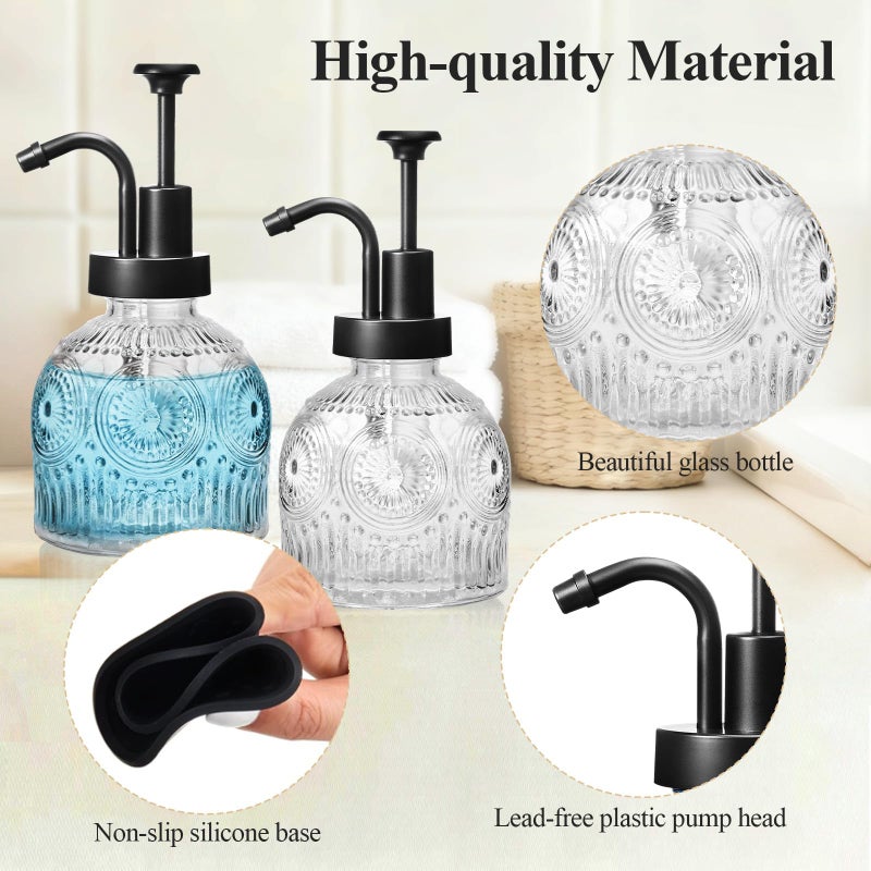 SheeChung Vintage Soap Dispenser, Kitchen Dish Soap Dispensers with Pump Mat, Glass Hand Soap Dispenser for Bathroom, Liquid, Lotion, Refillable, Rustic Farmhouse Decor-Clear (Black Pump, 1 pk) - Image 2