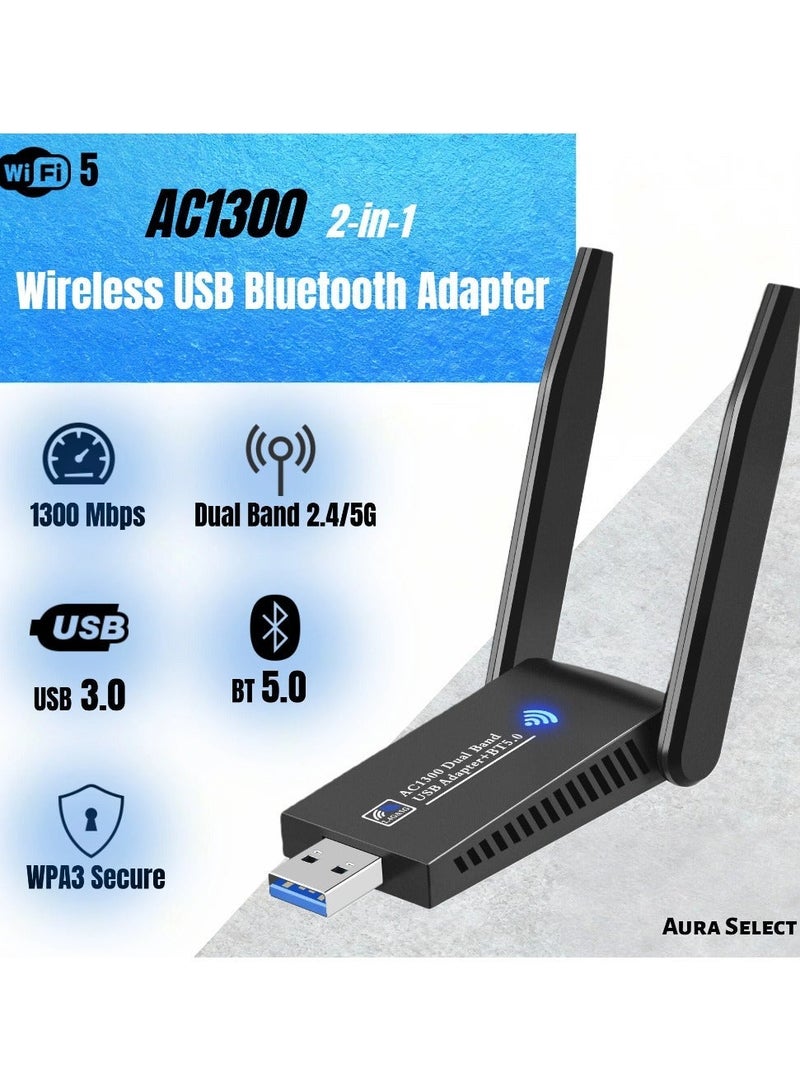 Aura Select USB WiFi Bluetooth Adapter 1300 Mbps Dual Band 2.4GHz 5GHz Wireless Network External Receiver USB 3.0 Bluetooth 5.0 for PC Desktop Laptop Windows 11 10 8 7 Compatible - Image 1