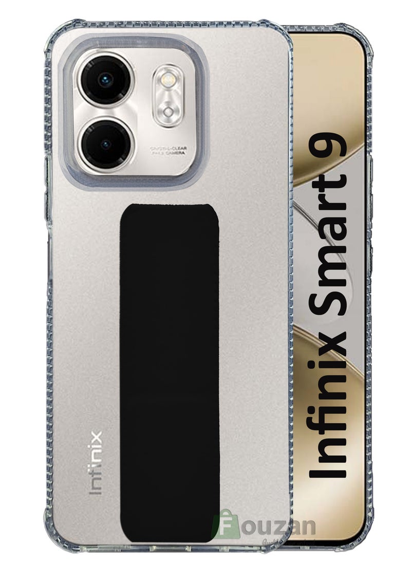 For Infinix Smart 9 Transparent Shock Proof Silicone- Magnetic Case With Hand Grip Holder & Kickstand -Clear/Black - Image 1