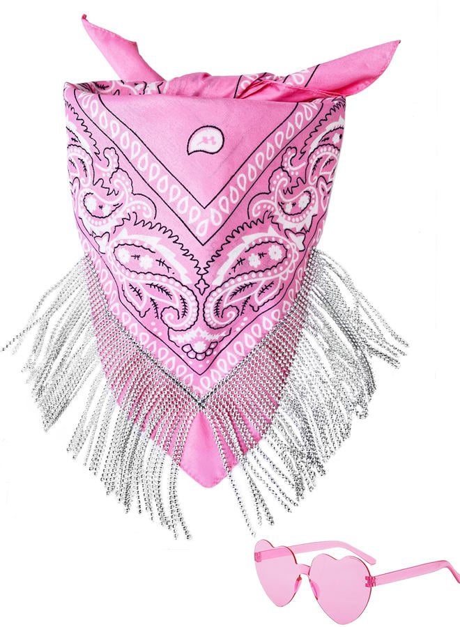 JIANGLAI Rhinestone Bandana with Heart Sunglasses, Disco Cowgirl Cowboy Paisley Pattern Bandanas Face Mask Square Scarf Headwear (Pink) - Image 1