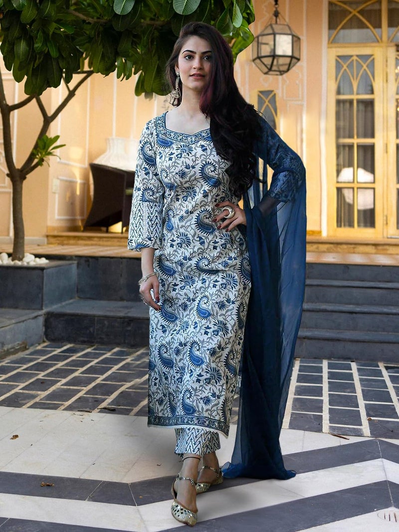 Tee Projekt Women's Cotton Blend Mandarin Collar Straight Kurta Pant with Dupatta Set ll Paisley Print Kurta Set with Dupatta Light Blue - Image 2