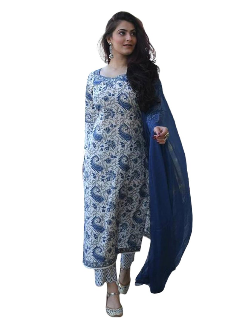Tee Projekt Women's Cotton Blend Mandarin Collar Straight Kurta Pant with Dupatta Set ll Paisley Print Kurta Set with Dupatta Light Blue - Image 4