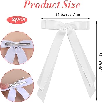 YQQYG 2 قطع من أربطة الشعر البيضاء مع ذيل طويل من الساتان وشرائط قوس قزح مع دبابيس شعر مزينة بتفاصيل من الساتان الناعم للنساء والفتيات - Image 2