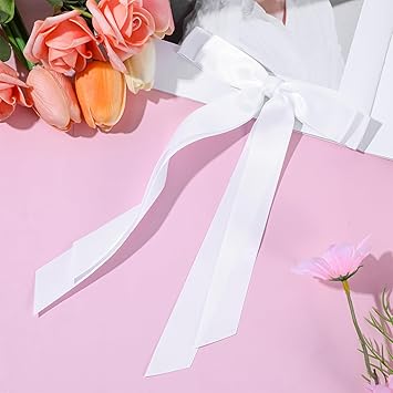 YQQYG 2 قطع من أربطة الشعر البيضاء مع ذيل طويل من الساتان وشرائط قوس قزح مع دبابيس شعر مزينة بتفاصيل من الساتان الناعم للنساء والفتيات - Image 4