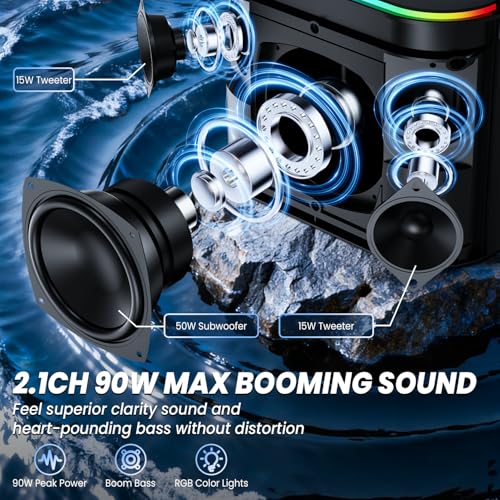 BESTISAN Bluetooth Speakers 2.1CH with 90W Max & 50W Subwoofer, Stereo Loud Sound, 7 RGB Lights, 15H Playtime, Hands-Free Calling, TWS, Portable for Outdoor Party, Camping, Travel, Garage, Workshop - Image 2