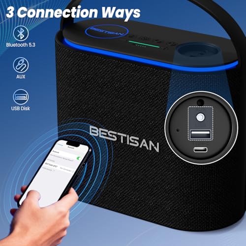 BESTISAN Bluetooth Speakers 2.1CH with 90W Max & 50W Subwoofer, Stereo Loud Sound, 7 RGB Lights, 15H Playtime, Hands-Free Calling, TWS, Portable for Outdoor Party, Camping, Travel, Garage, Workshop - Image 5