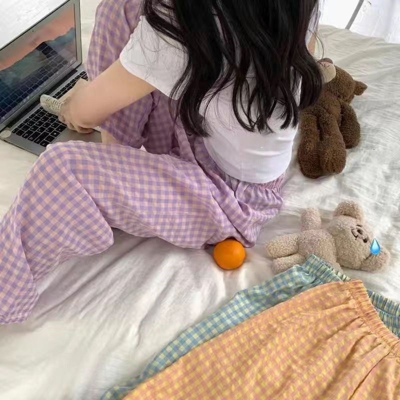 2024 Summer New Korean Plaid Sweet and Comfortable Breathable Home Walking Pajama Pants Fresh All-match Outer Wear Trousers Light purple plaid [popular style] 