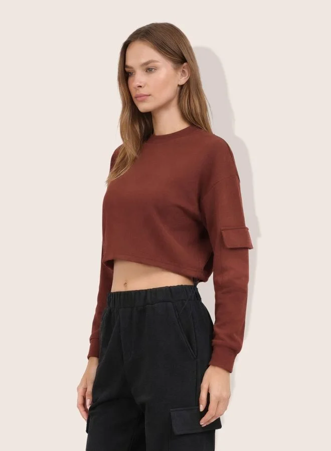 مرفوعة Women Boxy Fit Solid Crew Neck Long Sleeve Cropped Sweatshirt