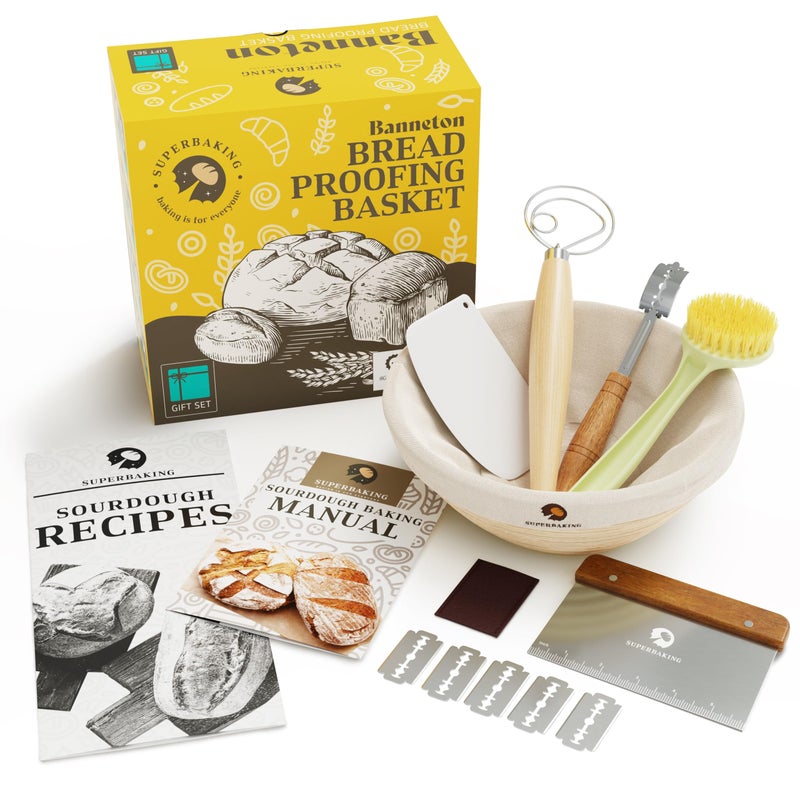 Superbaking 9' Round Banneton Bread Proofing Basket Gift Setâ€“ Sourdough Starter Kit for Crusty Artisan Style Loaves, Includes Essential Bread Baking Supplies & Tools - Ideal Gift for Bakers - Image 1