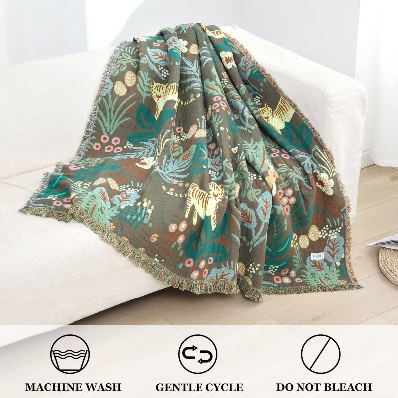 LUTBM Boho Throw Blanket for Bed - 100% Cotton Ultra Soft Rustic Quilt Summer Blanket - Forest Tiger Printed Farmhouse Decor Bed Blankets 60""?80"" All Season Rustic Throw for Sofa Couch Chair - Image 4