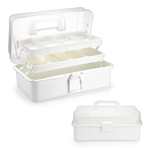 BTSKY 3Layer Plastic Dividing Storage Box Craft Organizer with Adjustable Spacers Portable Handled Art Supply Organizer Multipurpose Home Utility Box for Medicine Box Sewing Box Beige White - Image 1