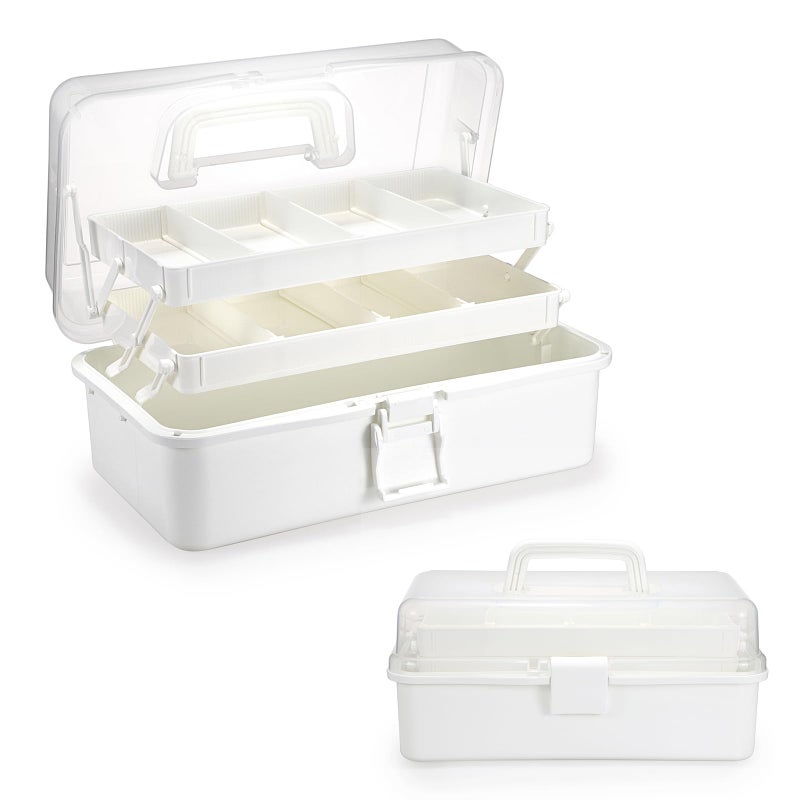 BTSKY 3Layer Plastic Dividing Storage Box Craft Organizer with Adjustable Spacers Portable Handled Art Supply Organizer Multipurpose Home Utility Box for Medicine Box Sewing Box Beige White - Image 2