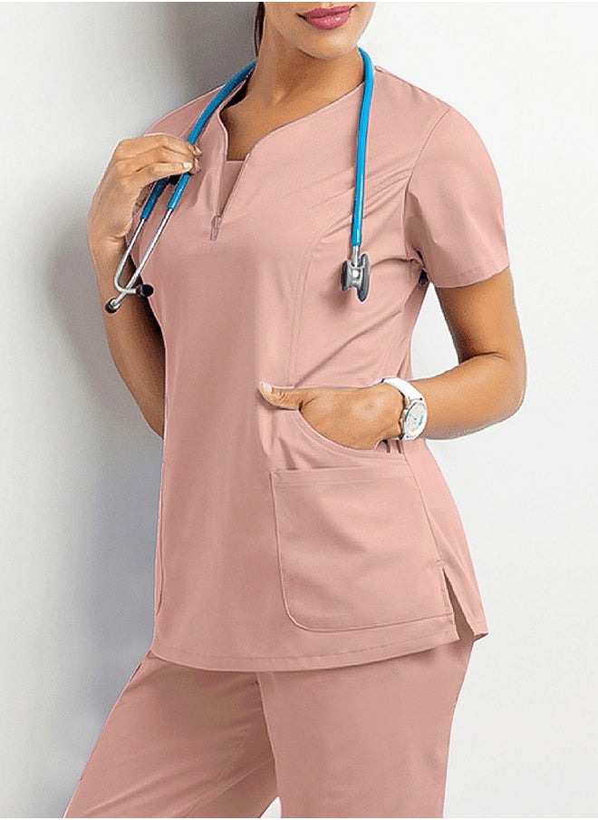 Loquat Round Neck Medical Uniform Scrubs Top for Women Workwear Soft Stretch Easy Care Pink  - Image 2