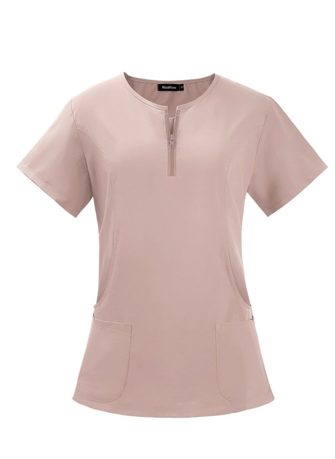 Loquat Round Neck Medical Uniform Scrubs Top for Women Workwear Soft Stretch Easy Care Pink  - Image 1