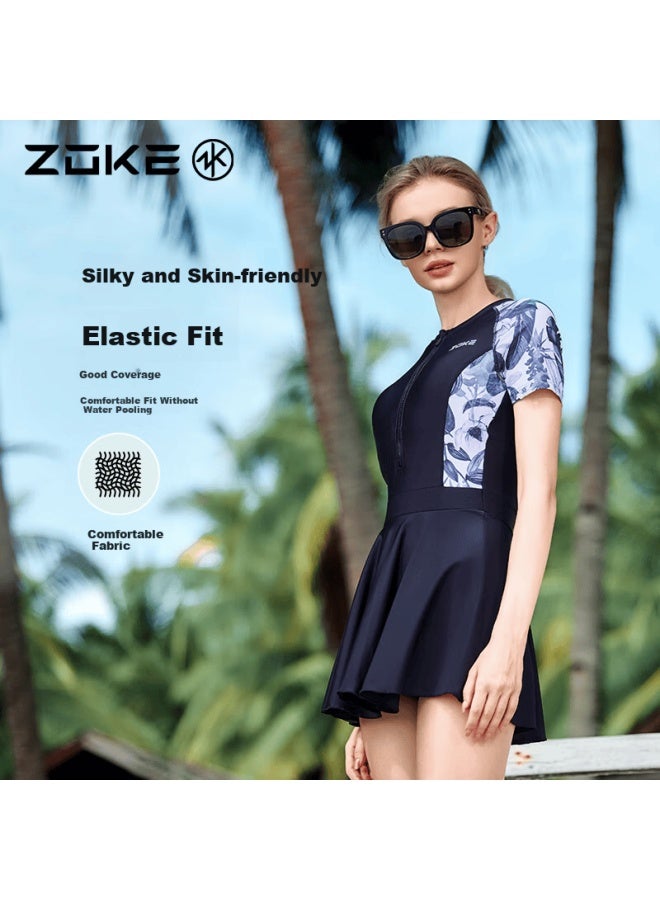 Zoke One-piece Skirted Fashion Elegant Comfortable Women's Swimming Water Play Hot Spring Swimsuit 124601546 Black And White Ink M - Image 1
