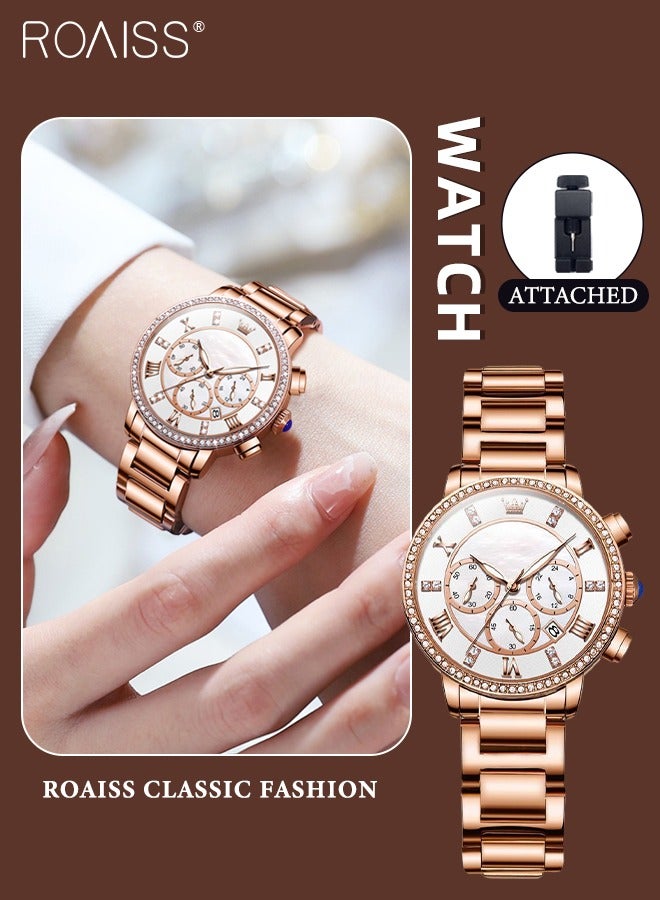 roaiss Women's Steel Strap Chronograph Quartz Watch Round Dial with Diamonds Decoration and Date Display Waterproof Luxurious Luminous Wristwatch as Gift for Ladies - Image 1