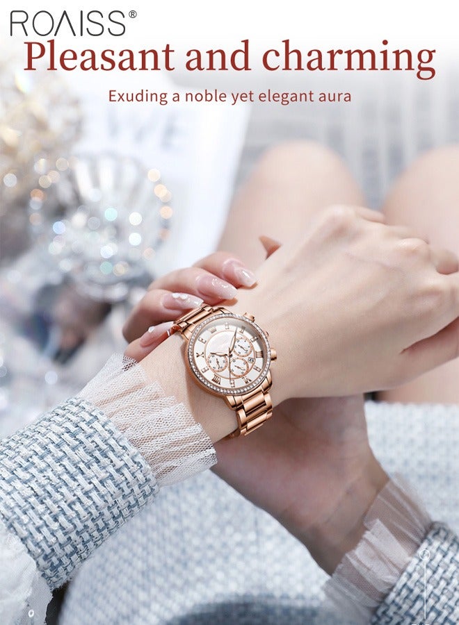 roaiss Women's Steel Strap Chronograph Quartz Watch Round Dial with Diamonds Decoration and Date Display Waterproof Luxurious Luminous Wristwatch as Gift for Ladies - Image 2