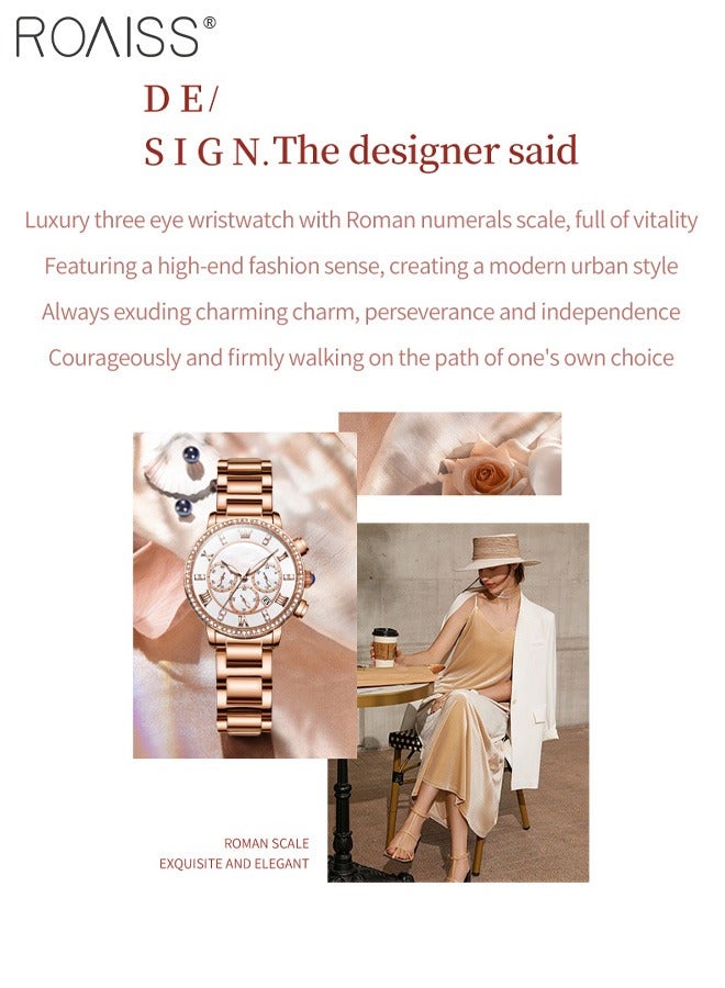 roaiss Women's Steel Strap Chronograph Quartz Watch Round Dial with Diamonds Decoration and Date Display Waterproof Luxurious Luminous Wristwatch as Gift for Ladies - Image 3