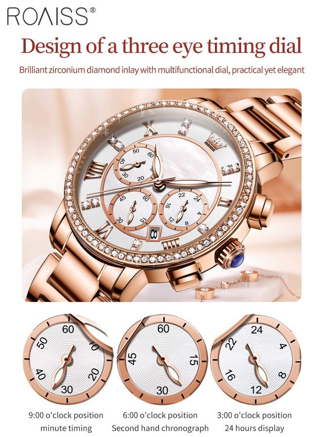 roaiss Women's Steel Strap Chronograph Quartz Watch Round Dial with Diamonds Decoration and Date Display Waterproof Luxurious Luminous Wristwatch as Gift for Ladies - Image 4