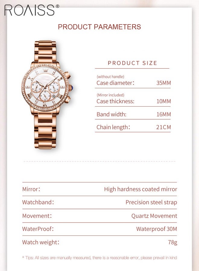 roaiss Women's Steel Strap Chronograph Quartz Watch Round Dial with Diamonds Decoration and Date Display Waterproof Luxurious Luminous Wristwatch as Gift for Ladies - Image 5