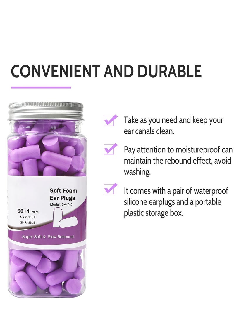 KASTWAVE - Ultra Soft Foam Earplugs Sleep 38dB Noise Cancelling Ear Plugs for Sleeping Shooting Snoring Work Loud 60 Pairs Purple - Image 1