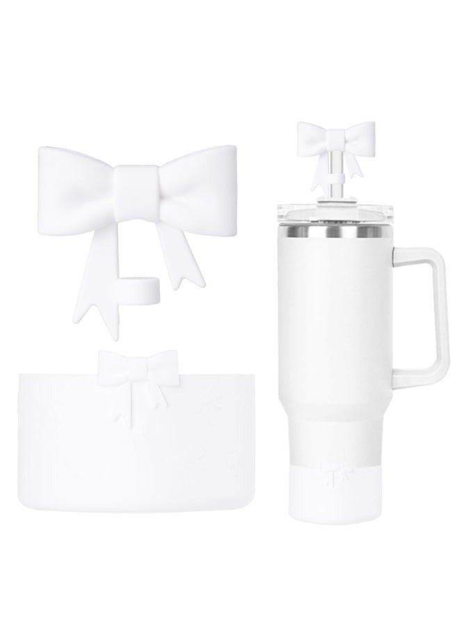 Lnulyaciy Bow Silicone Protective for Stanley Boot for 20/30/40Oz, Bow Straw Cover Topper for Stanley Cup 10mm/0.4in, 2 Pack Cup Accessories Compatible 12-24Oz for Hydroflask Boot and More (White Set) - Image 1