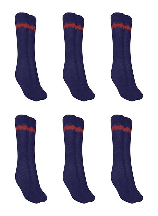 MUKHAKSH (Pack of 6 Pairs = 12 Socks Girls cotton KV (Kendriya Vidyalaya) School Socks KVS (Kendriya Vidyalaya) School Uniform Dress Socks Calf Long Socks Navy Blue Socks with Red Lining Stripes - Image 1