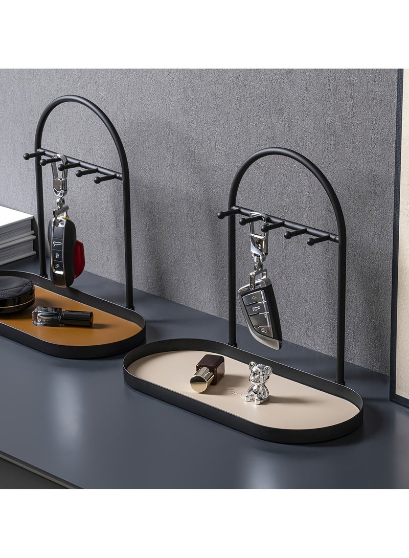 2-Piece Metal Jewelry Organizer Set (Matt Creamy + Matte Coffee), Key Holder Tray with Acrylic Base, 5 Hooks, Key Stand, Jewelry Dish, Ring Holder, Valet Tray, Storage Organizer, Home Decor, Desk Organizer, Entryway, Bedroom, Elegant Design, Space-Saving, Gift Idea  - Image 1