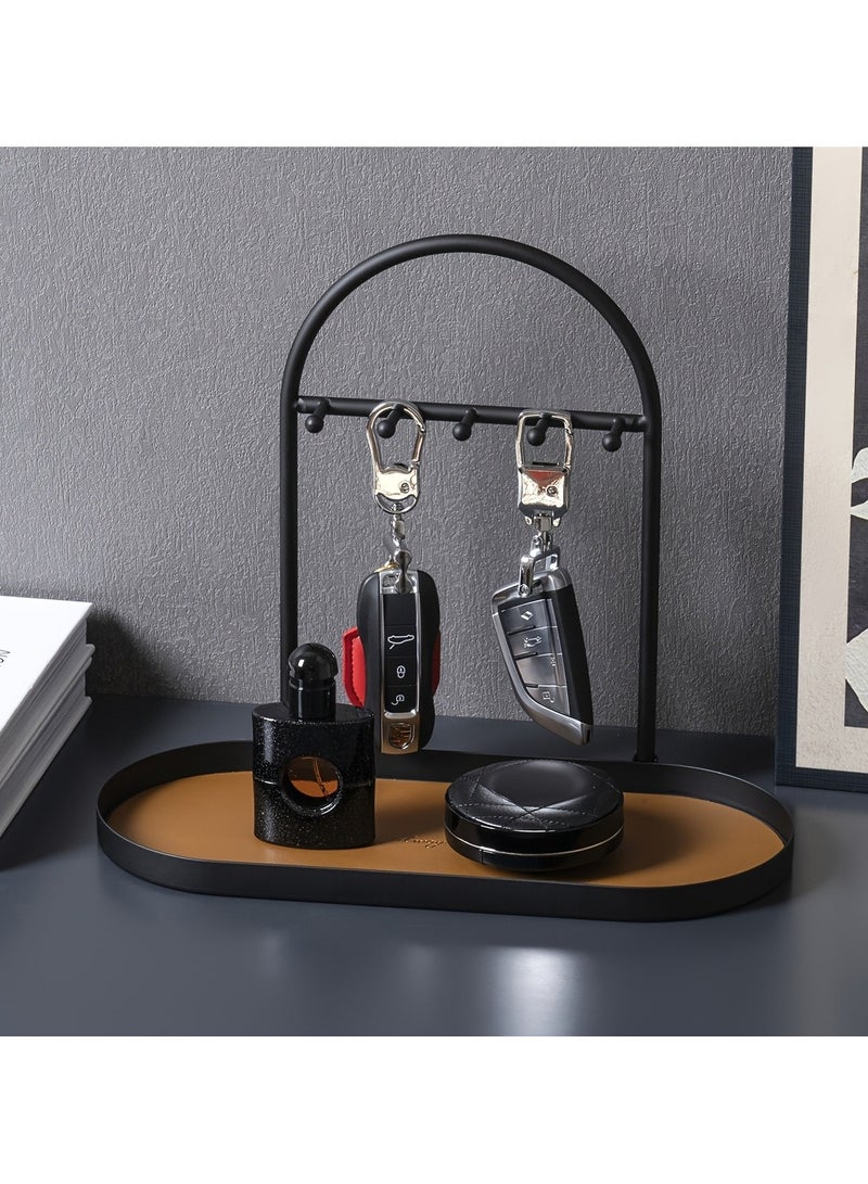 2-Piece Metal Jewelry Organizer Set (Matt Creamy + Matte Coffee), Key Holder Tray with Acrylic Base, 5 Hooks, Key Stand, Jewelry Dish, Ring Holder, Valet Tray, Storage Organizer, Home Decor, Desk Organizer, Entryway, Bedroom, Elegant Design, Space-Saving, Gift Idea  - Image 3