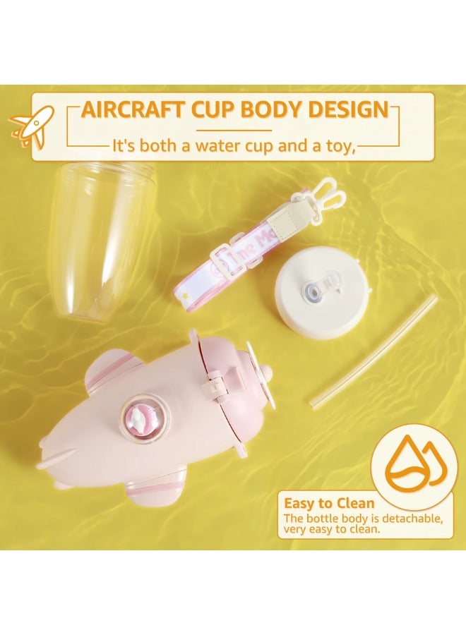Twisoo Twisoo Plane Shape Kids Water Bottle with Straw - 500ml, Cute Reusable Drinking Bottle, Leak-Resistant, BPA-Free, Wide Mouth, with Strap and Stickers ( Pink ) - Image 3