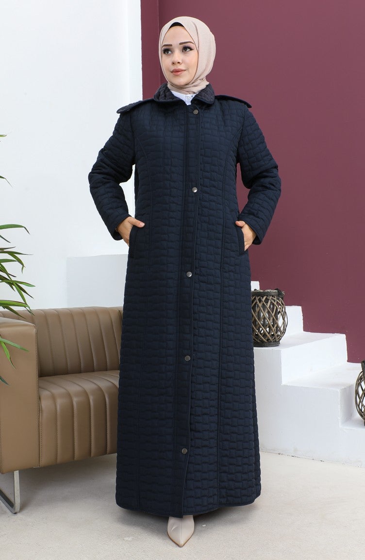 Sefa Merve Plus Size Baklava Pattern Quilted Coat 5062-02 Navy Blue  - Image 1