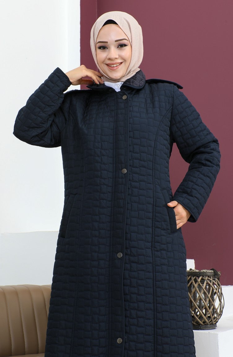 Sefa Merve Plus Size Baklava Pattern Quilted Coat 5062-02 Navy Blue  - Image 3