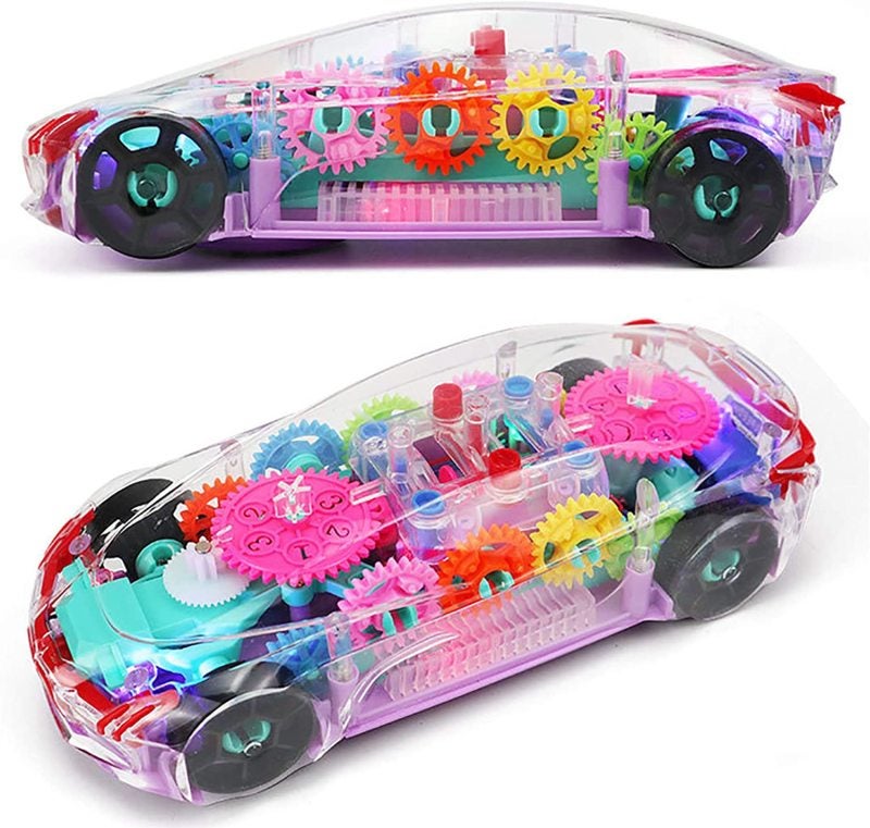 Transparent Racing Car Toy M Size 360 Rotating 3D Flashing Light - Transparent Design Shows Interior Mechanical Parts for Kids Learning - Image 1
