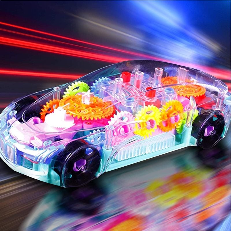 Transparent Racing Car Toy M Size 360 Rotating 3D Flashing Light - Transparent Design Shows Interior Mechanical Parts for Kids Learning - Image 2