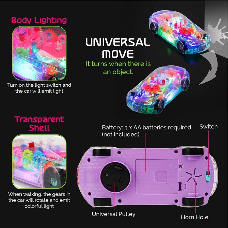 Transparent Racing Car Toy M Size 360 Rotating 3D Flashing Light - Transparent Design Shows Interior Mechanical Parts for Kids Learning - Image 3