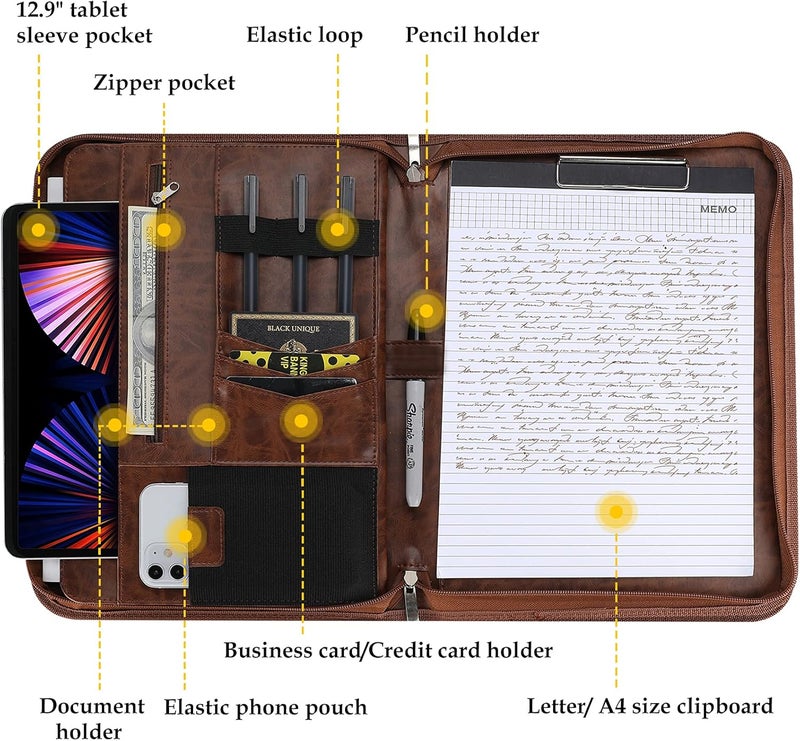 Procase Portfolio Business Padfolio Folder with Zipper, Conference Meeting Executive File Legal Document Organizer with Pockets Letter Size A4 Writing Pad Notepad Padfolio -Brown - Image 2