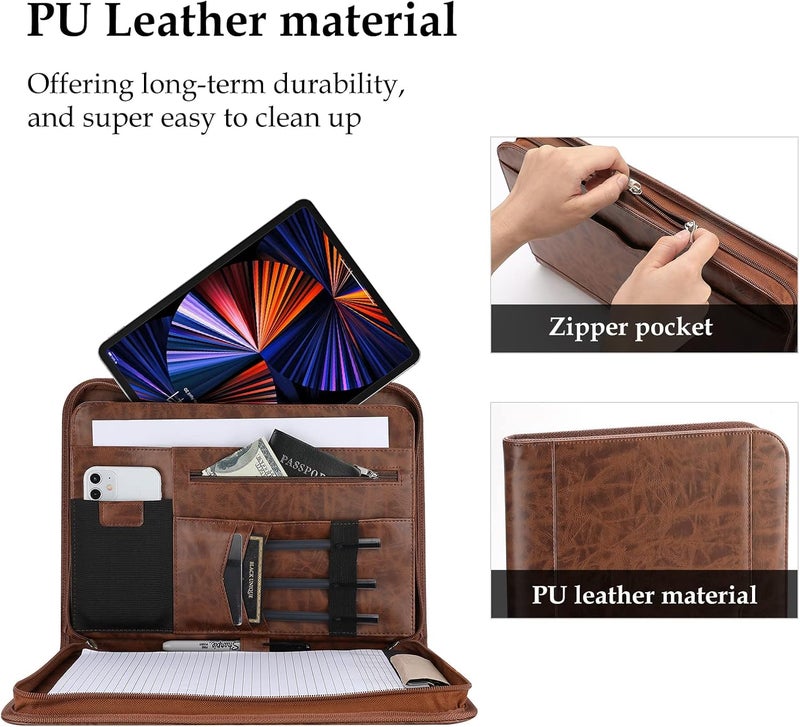 Procase Portfolio Business Padfolio Folder with Zipper, Conference Meeting Executive File Legal Document Organizer with Pockets Letter Size A4 Writing Pad Notepad Padfolio -Brown - Image 4