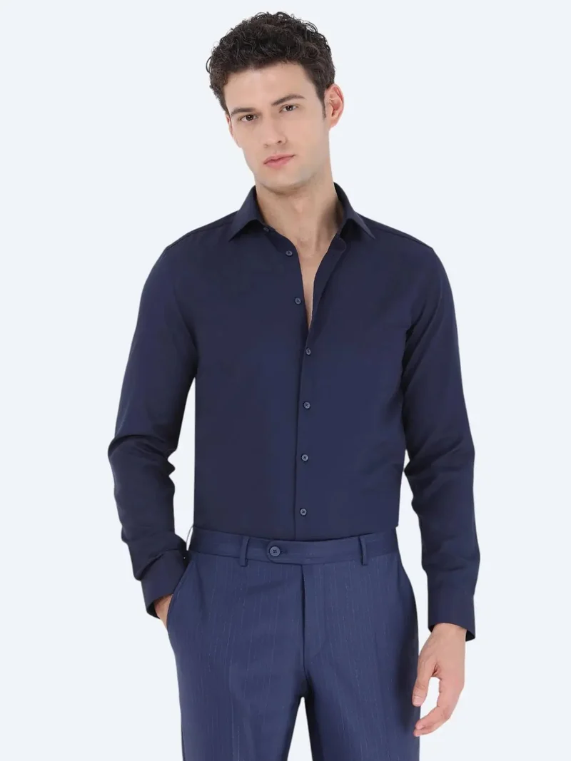 Kip Navy Blue Plain Slim Fit Weaving Classical Cotton Blended Shirt