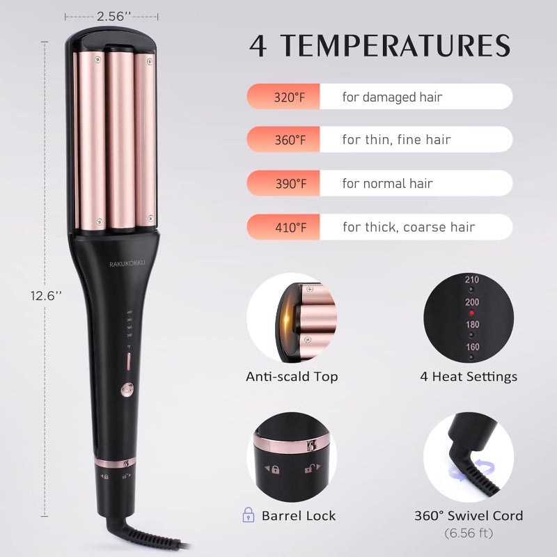RAKUKOKKU 4 in 1 Crimper Hair Tool - Hair Waver with Adjustable Depths for 4 Wavy Styles, Beach Waves Curling Iron with 3 Ceramic Barrels, 4 Temperatures, Dual Voltage, Glove & Clips, for Women (Gold) - Image 5