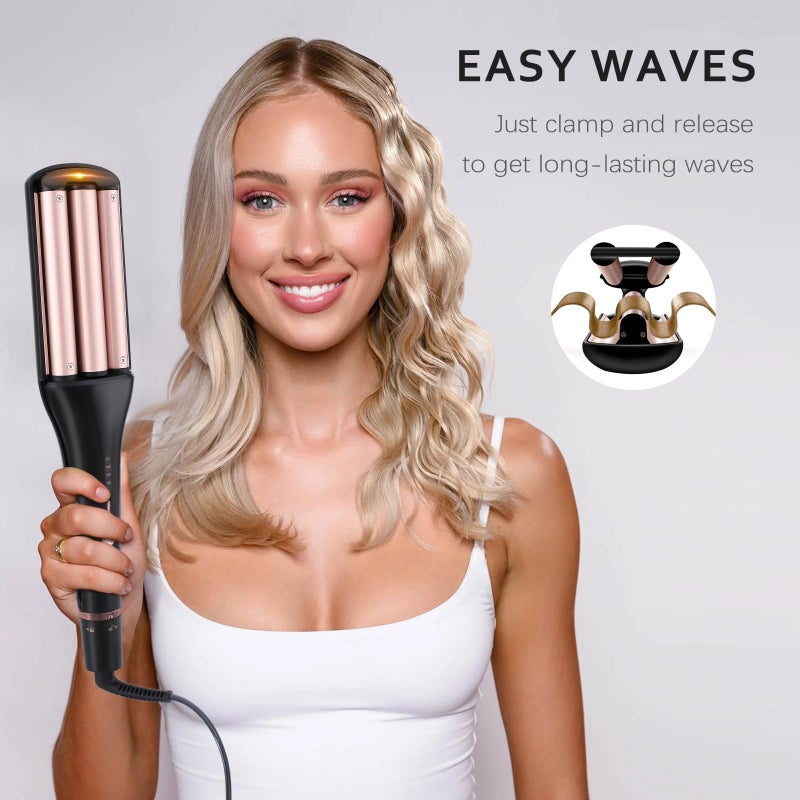 RAKUKOKKU 4 in 1 Crimper Hair Tool - Hair Waver with Adjustable Depths for 4 Wavy Styles, Beach Waves Curling Iron with 3 Ceramic Barrels, 4 Temperatures, Dual Voltage, Glove & Clips, for Women (Gold) - Image 2