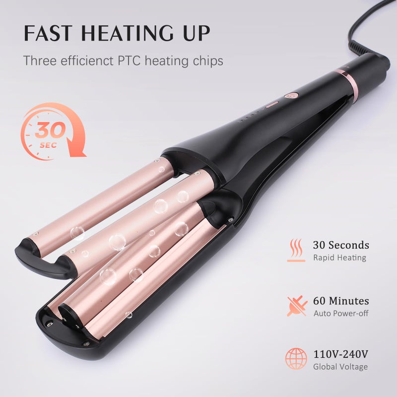 RAKUKOKKU 4 in 1 Crimper Hair Tool - Hair Waver with Adjustable Depths for 4 Wavy Styles, Beach Waves Curling Iron with 3 Ceramic Barrels, 4 Temperatures, Dual Voltage, Glove & Clips, for Women (Gold) - Image 4