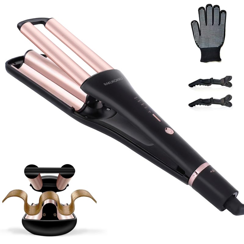 RAKUKOKKU 4 in 1 Crimper Hair Tool - Hair Waver with Adjustable Depths for 4 Wavy Styles, Beach Waves Curling Iron with 3 Ceramic Barrels, 4 Temperatures, Dual Voltage, Glove & Clips, for Women (Gold) - Image 1