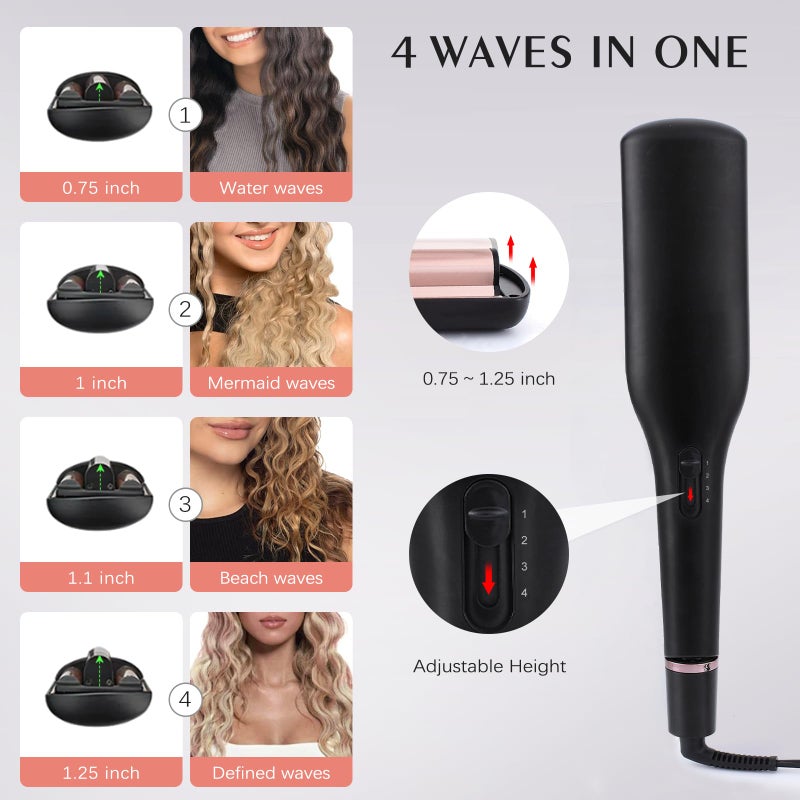 RAKUKOKKU 4 in 1 Crimper Hair Tool - Hair Waver with Adjustable Depths for 4 Wavy Styles, Beach Waves Curling Iron with 3 Ceramic Barrels, 4 Temperatures, Dual Voltage, Glove & Clips, for Women (Gold) - Image 3