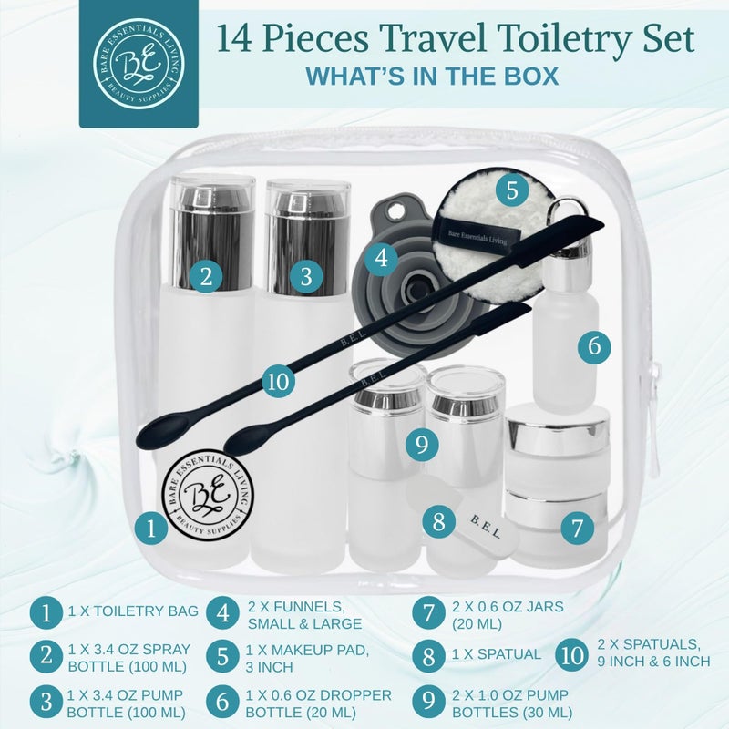 Bare Essentials Living 14 Pcs Travel Skincare Containers Set-TSA Approved Toiletry Bag & Glass Travel Bottles for Toiletries Pump, Spray & Dropper Bottles Travel Size Containers for Foundation, Serum Moisturizer Oil & Cream - Image 2